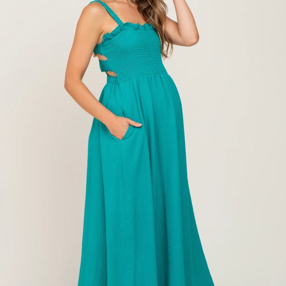 PinkBlush Maternity Smocked Cutout Midi Dress Teal